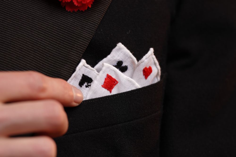 4 Suits Poker Pocket Square with Embroidered Hearts, Spaces, Clubs Spades - Fort Belvedere