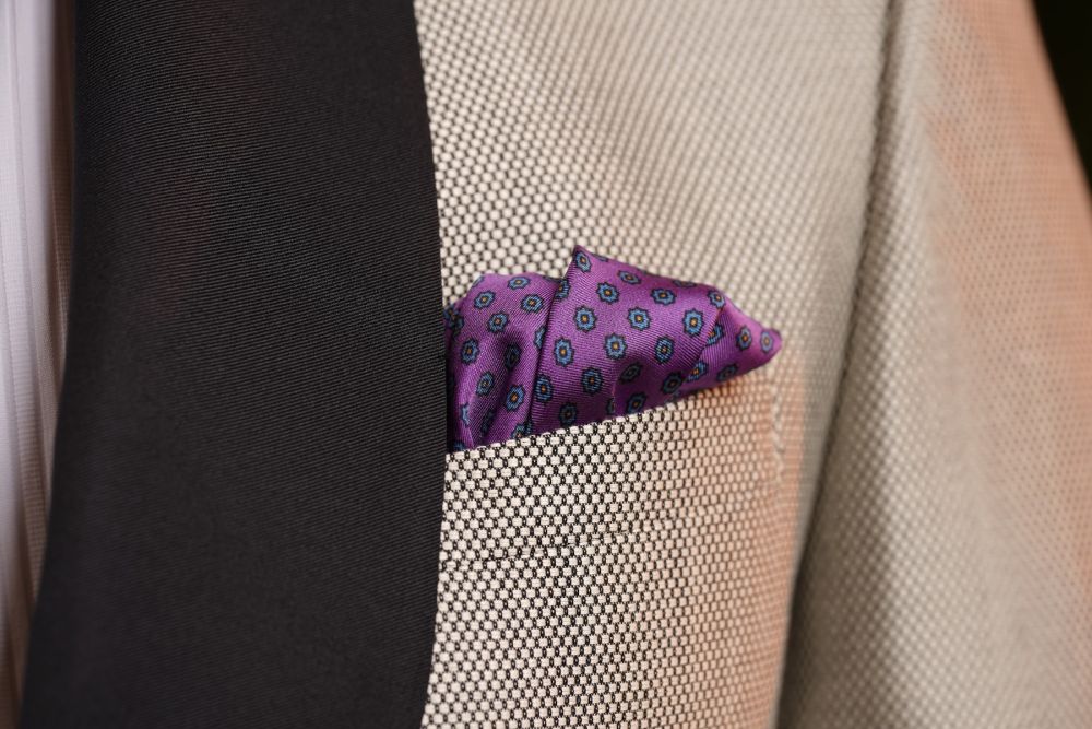 Purple Silk Pocket Square with Dotted Motifs & Paisley