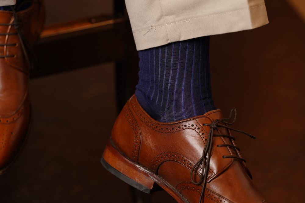 Navy and Blue Ribbed Over the Calf Socks with Shadow Stripes Cotton Fil d Ecosse