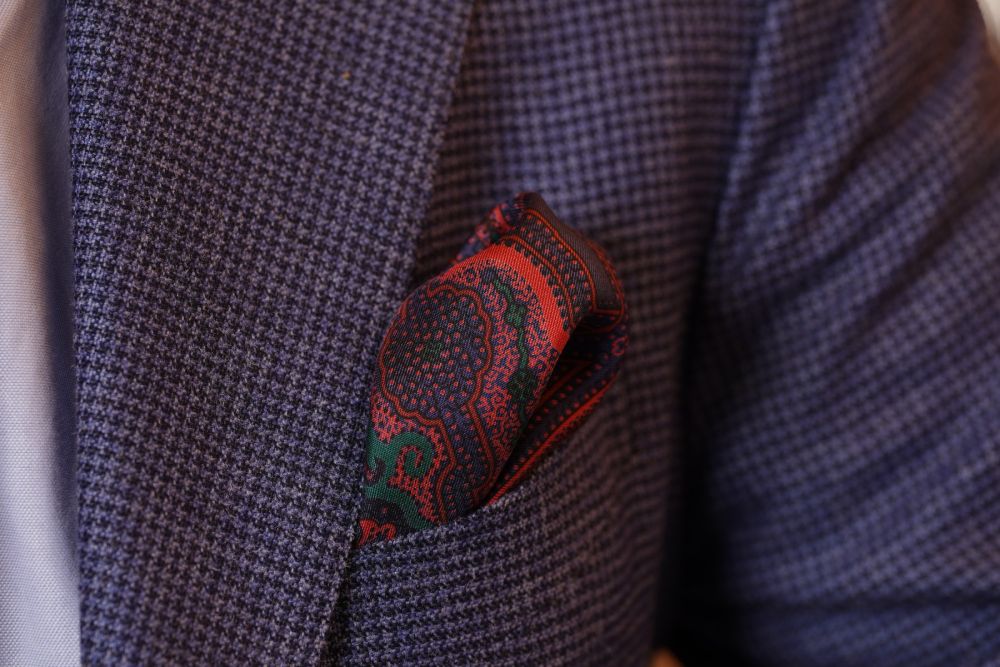 Silk Pocket Square in Green with Orange Large Paisley Pattern- Fort Belvedere