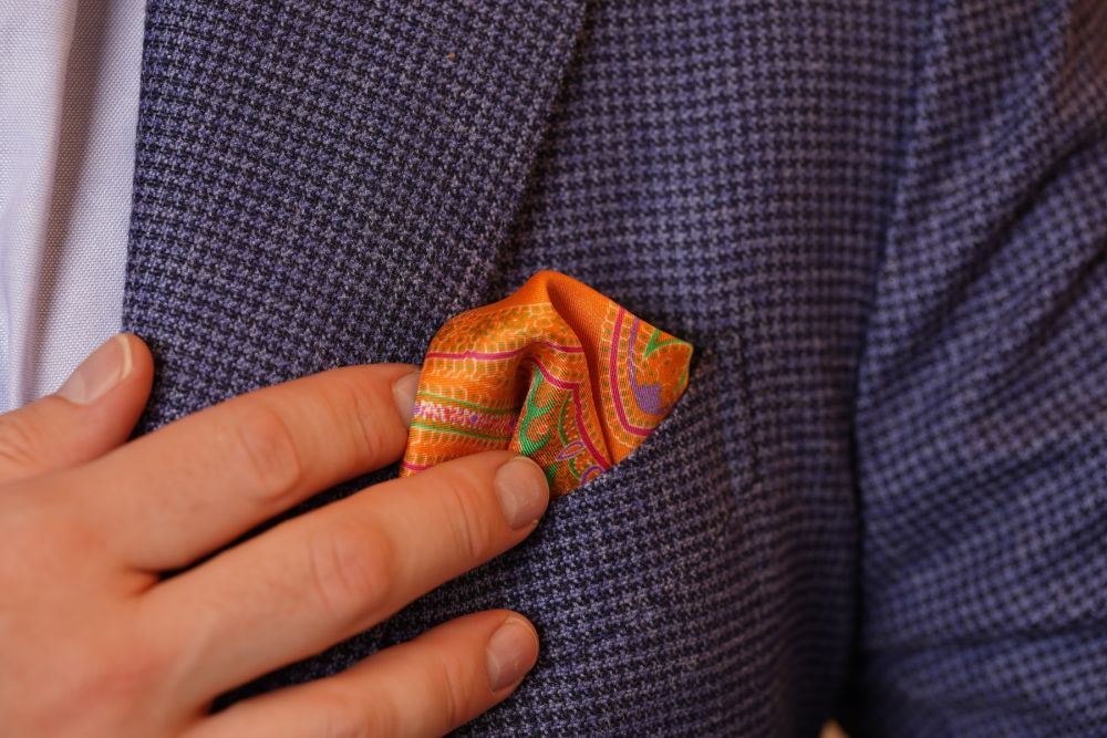 Silk Pocket Square in Orange with Green, Pink & Purple Paisley by Fort Belvedere