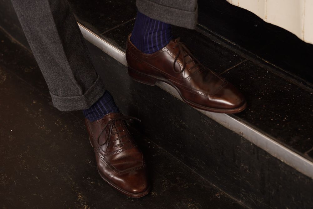 Navy and Blue Ribbed Over the Calf Socks with Shadow Stripes Cotton Fil d Ecosse