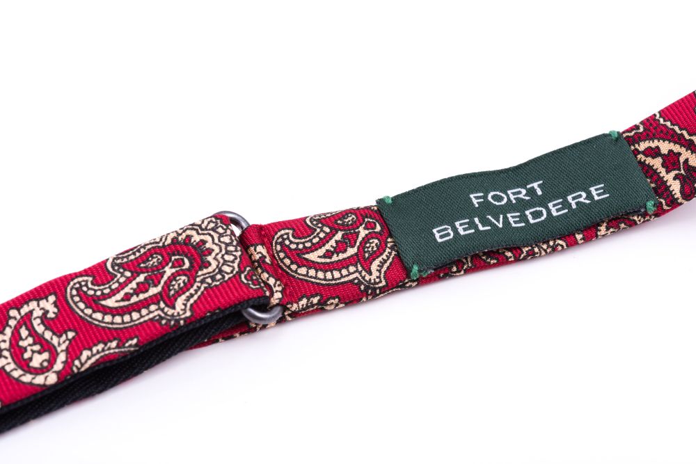 Adjustable Neck Strap Ancient Madder Silk Paisley Bow Tie in Red & Buff  - Fort Belvedere