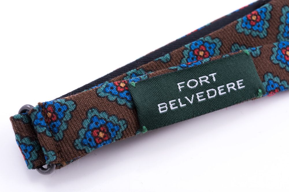 Adjustable Neck Strap Wool Challis Bow Tie in Brown with Green, Blue, Red & Yellow Pattern - Fort Belvedere