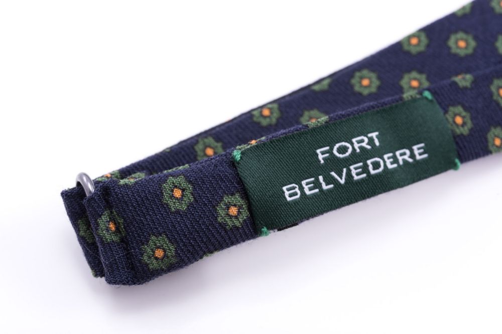 Adjustable Neck Strap Wool Challis Bow Tie in Navy Blue with Green & Yellow Pattern - Fort Belvedere