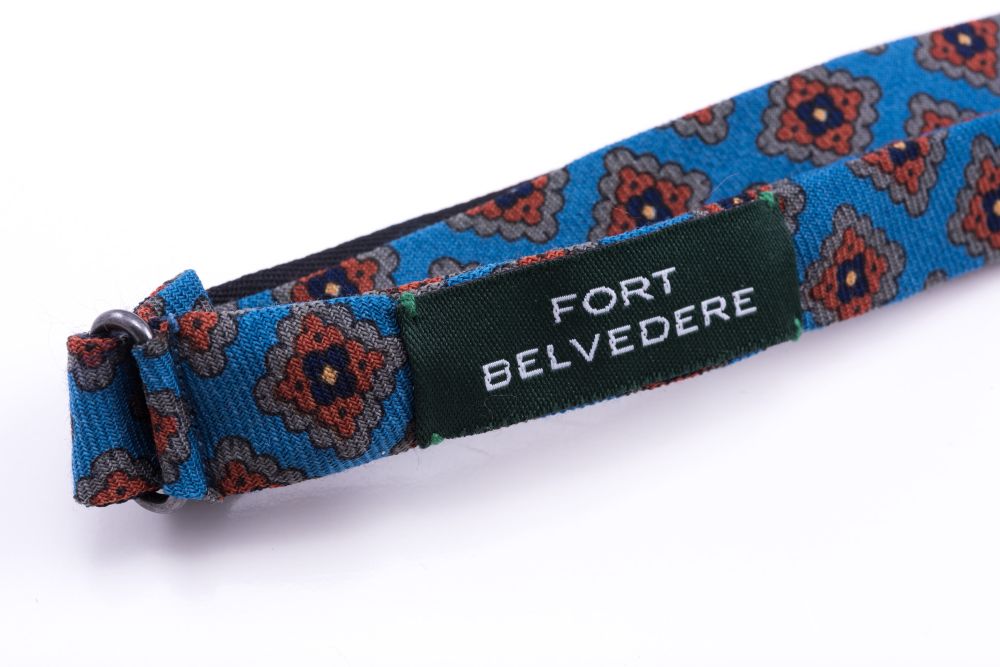 Adjustable Neck Strap Wool Challis Bow Tie in Turquoise Blue with Green, Orange, Navy & Yellow Diamond - Fort Belvedere