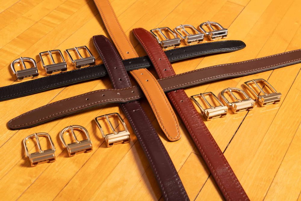 Fort Belvedere brass buckles gold and palladium plated and aniline calf leather belts
