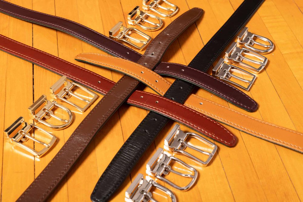 Fort Belvedere brass buckles gold and palladium plated and aniline calf leather belts