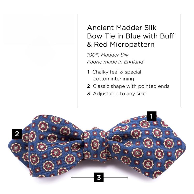 Ancient Madder Silk Bow Tie in Blue with Buff & Red Micropattern - Fort Belvedere