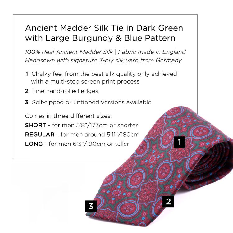 Ancient Madder Silk Tie in Dark Green with Large Burgundy & Blue Pattern Fort Belvedere