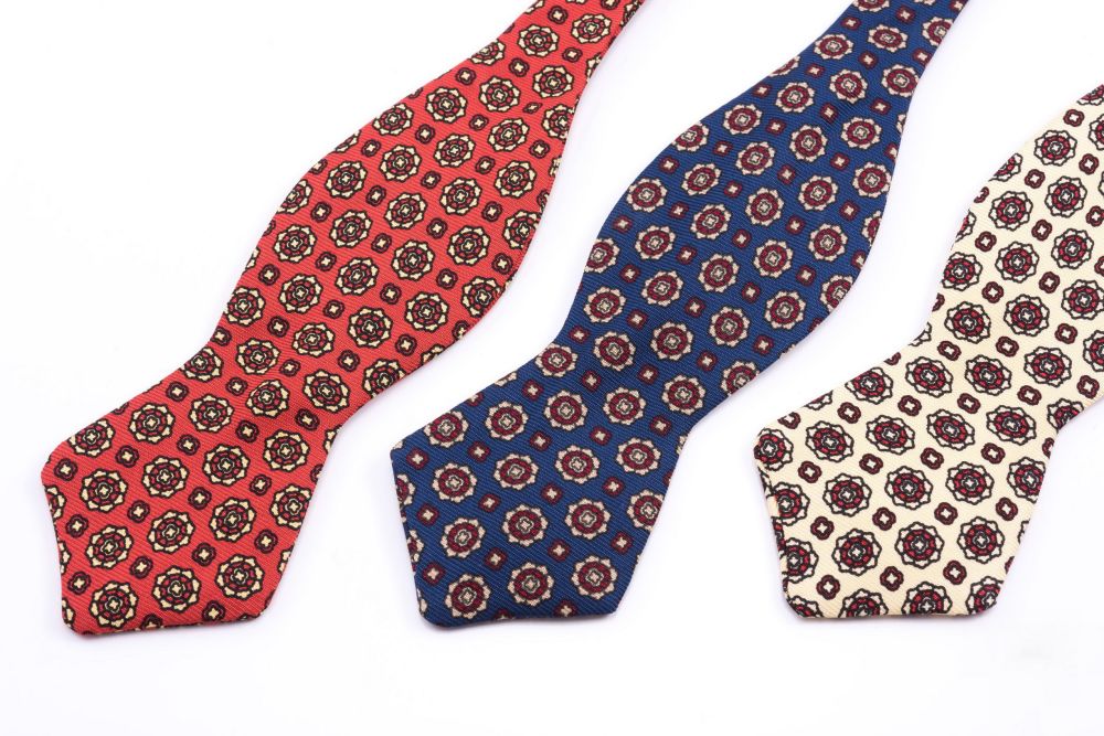 Pointed Ends Blue, Buff & Red Madder Silk Tie with Buff & Red Micropattern - Handmade by Fort Belvedere
