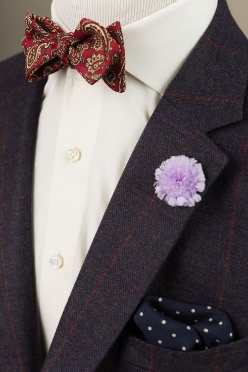 Ancient Madder Silk Paisley Bow Tie in Red & Buff, Field Scabious Boutonniere ^ Navy POcketsquare with white Polka dots - Fort Belvedere
