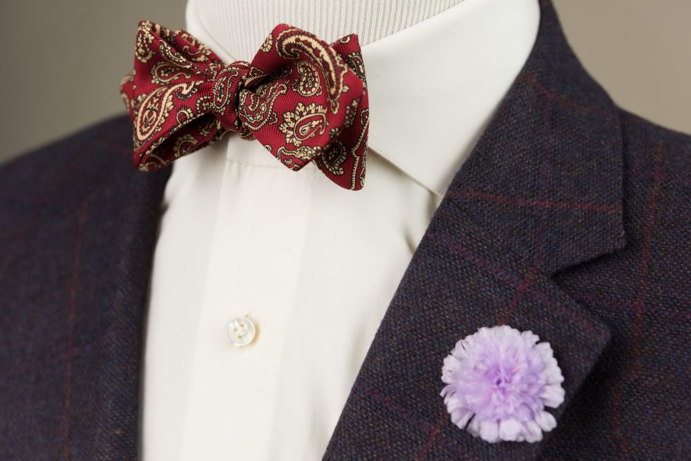 Ancient Madder Silk Paisley Bow Tie in Red & Buffcombined with Field Scabious Boutonniere  - Fort Belvedere