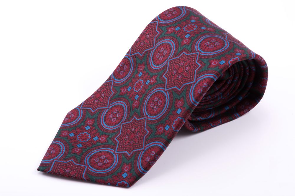 Ancient Madder Silk Tie in Dark Green with Large Burgundy and Blue Pattern Fort Belvedere