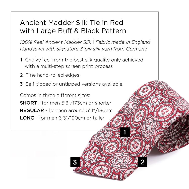 Ancient Madder Silk Tie in Red with Large Buff and Black Pattern Fort Belvedere