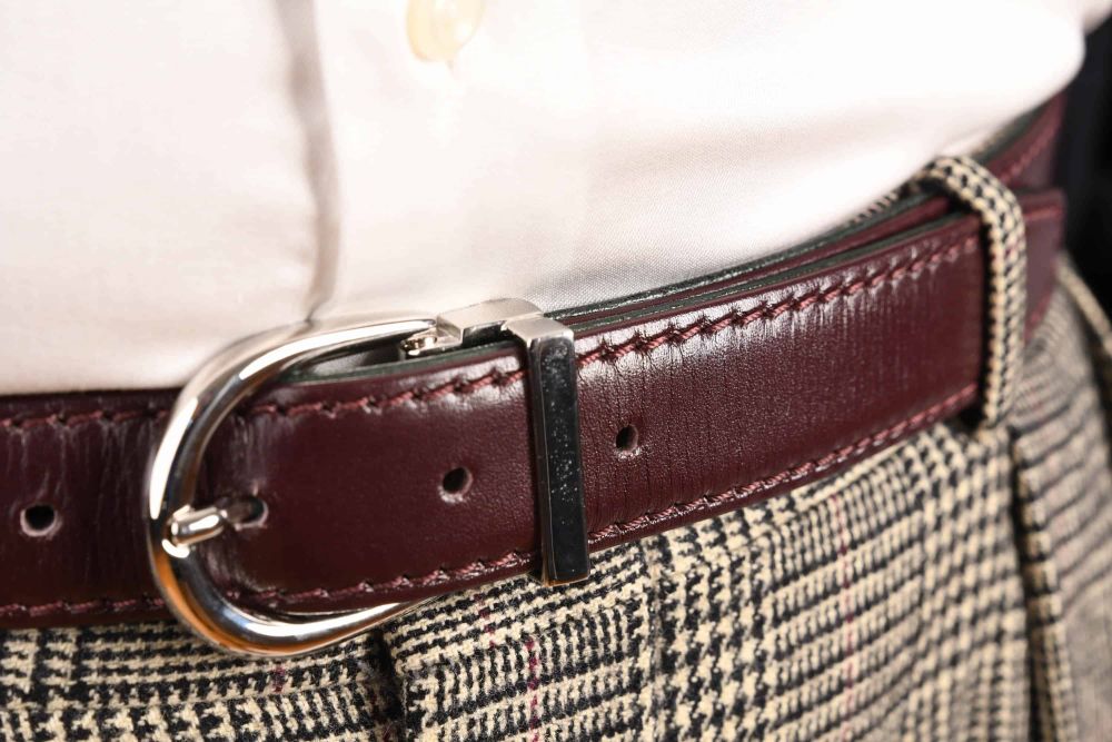 Angled stitching with folded edges on Bordeaux Belt with silver Alastair Buckle by Fort Bevledere
