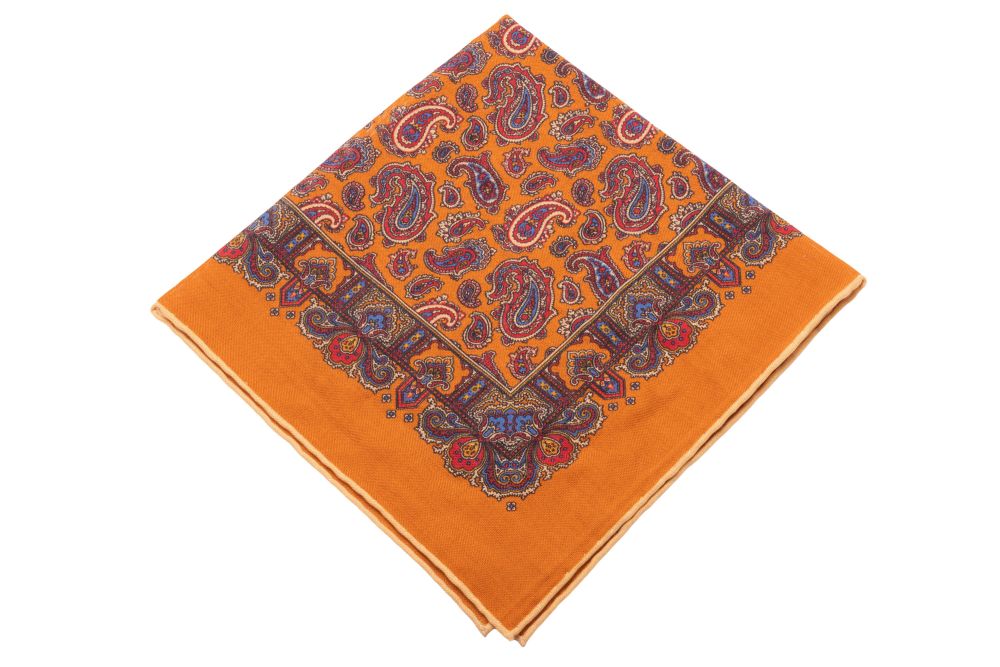 Antique Gold Yellow Silk Wool Pocket Square with Paisley in Beige, Blue, Red and orange and beige shoestring edge Fort Belvedere