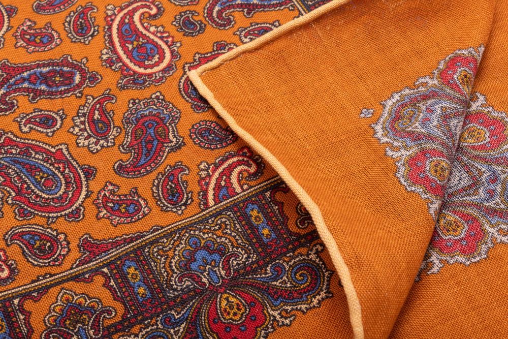 Antique Gold Yellow Silk Wool Pocket Square with Paisley in Beige, Blue, Red and orange and beige shoestring edge Fort Belvedere