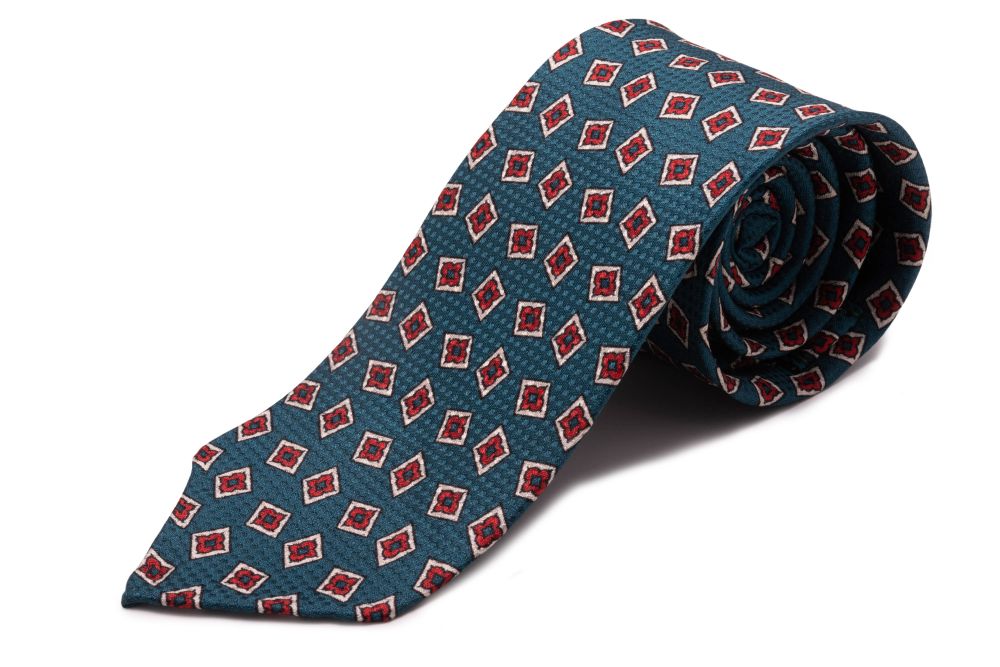 Aqua Green Jacquard Woven Tie with Printed Diamonds in Orange Red and White - Fort Belvedere Collections
