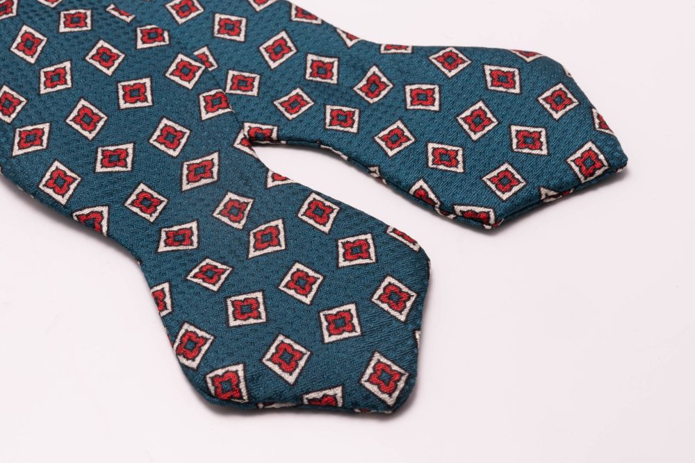 Aqua Green Jacquard Woven Bow Tie with Printed Diamonds in Orange Red and White - Fort Belvedere