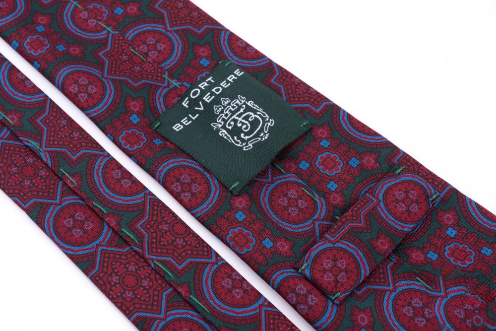 Back Details Ancient Madder Silk Tie in Dark Green with Large Burgundy & Blue Pattern - Hand Sewn by Fort Belvedere