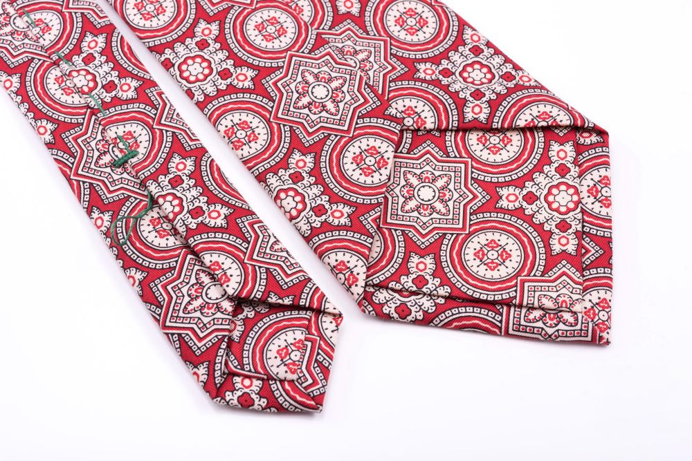 Ancient Madder Silk Tie in Red with Large Buff & Black Pattern Fort ...