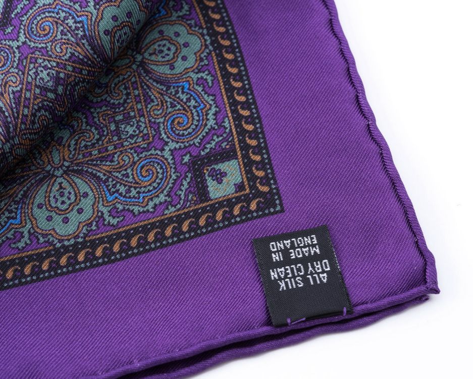 Back edge of Purple Silk Pocket Square with Dotted Motifs & Paisley