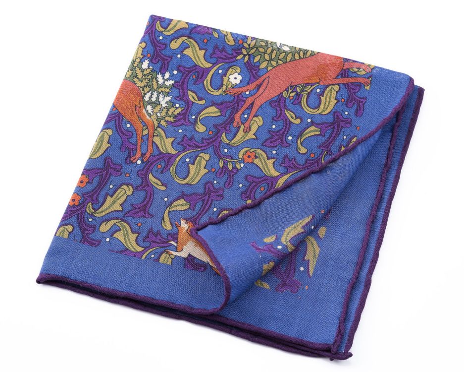 Back of Mid Blue Silk-Wool Pocket Square with Hunting Motifs