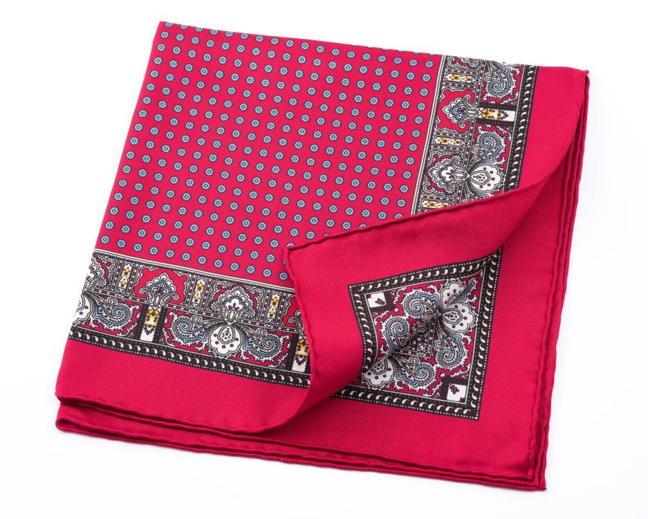 Back of Red Silk Pocket Square with Dotted Motifs & Paisley