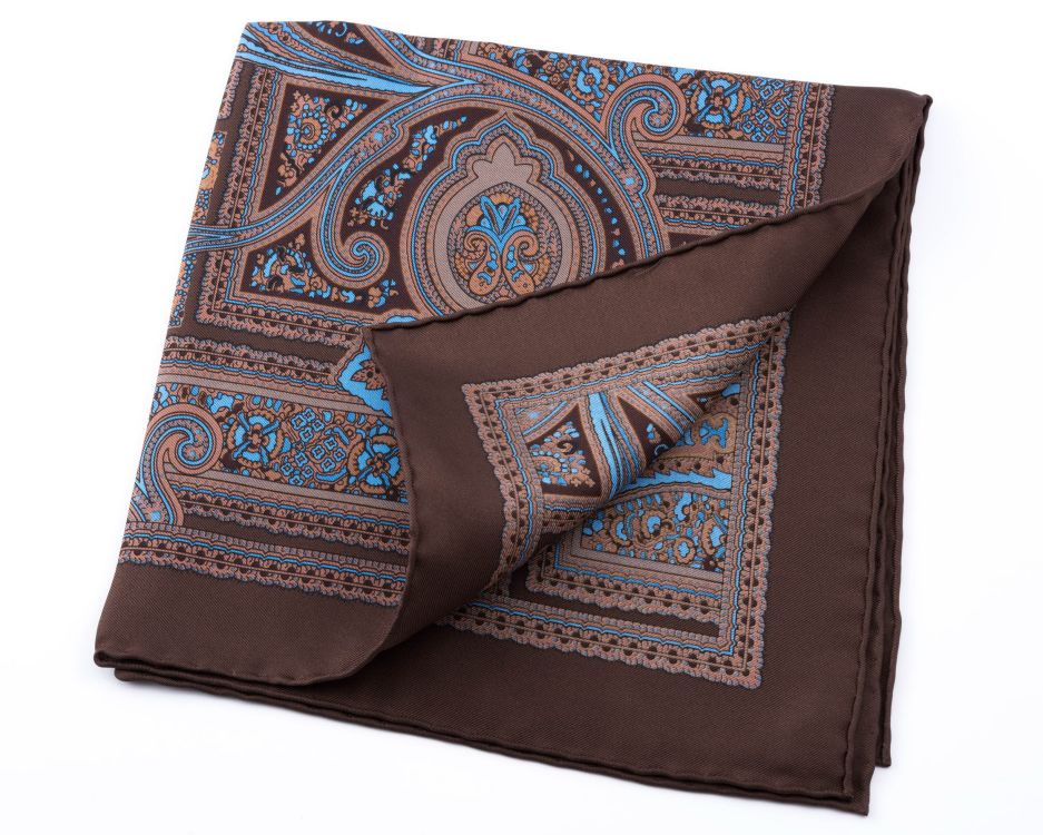 Brown Silk Pocket Square with Blue Paisley - Fort Belvedere