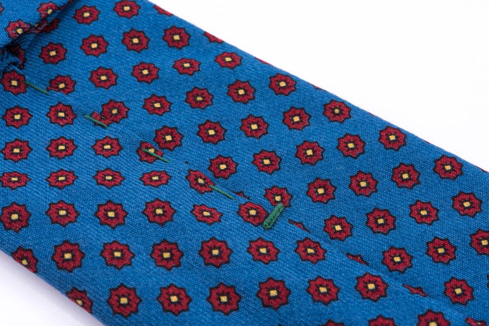 Bar Tack Wool Challis Tie in Mohair blue 9cm width with Small Geometric Pattern Fort Belvedere