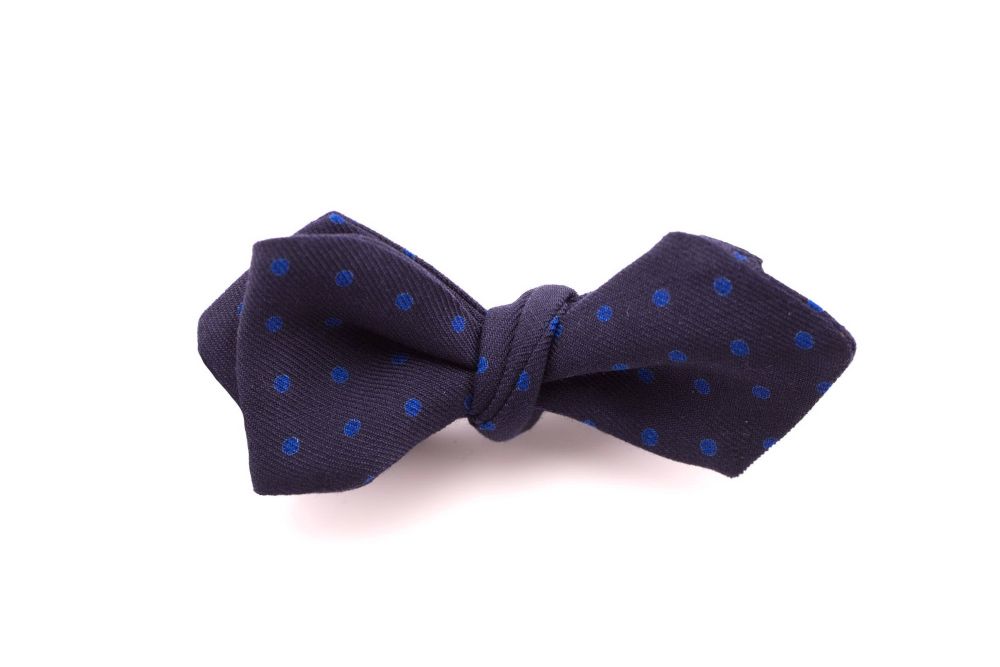 Blue Polka Dots on Navy Butterfly Bow Tie with Pointed Ends - Handmade by Fort Belvedere
