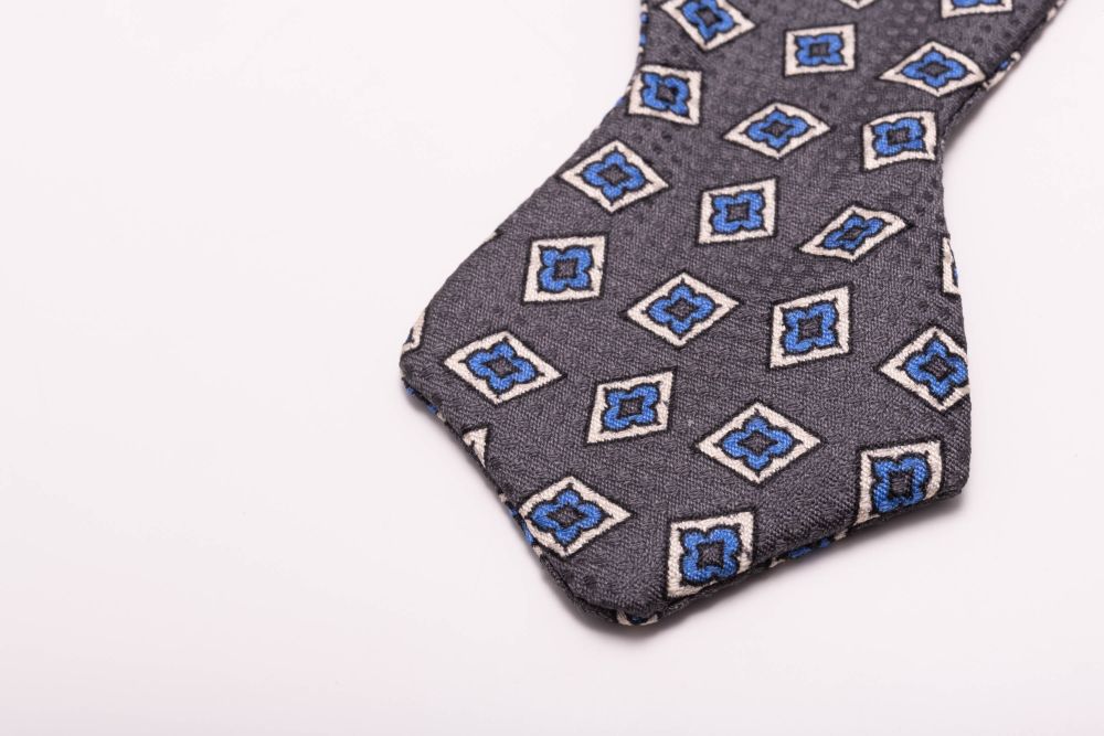 Battleship Gray Jacquard Woven Bow Tie with Printed Light Blue and White Diamonds - Fort Belvedere