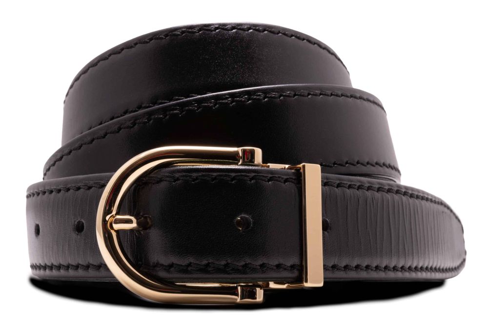 Black Boxcalf Leather Belt with Alastair Gold Solid Brass Belt Buckle Classic Round Exchangeable with Gold Plating Hypoallergenic Nickel Free - Fort Belvedere 