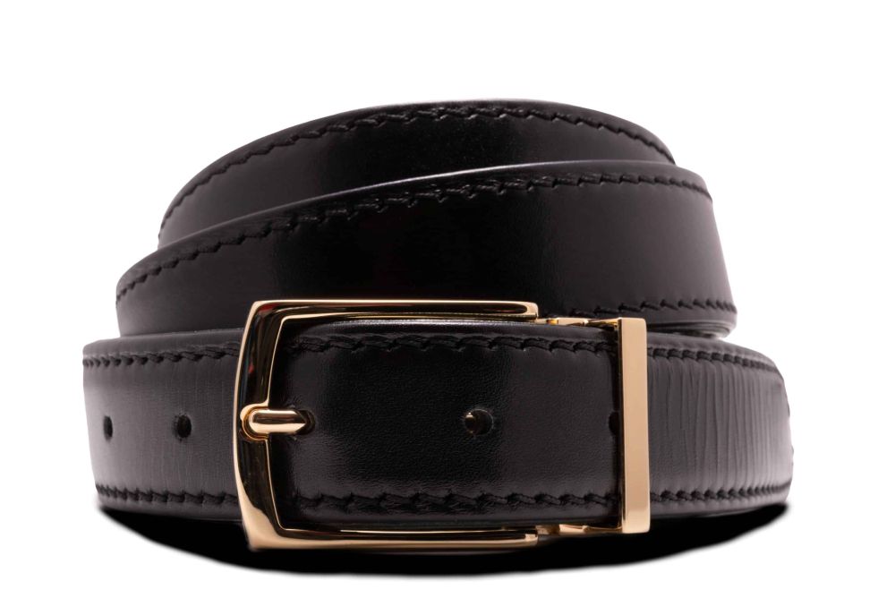 Black boxcalf leather belt Benedict Gold Solid Brass Belt Buckle Exchangeable Oblong Rectangle with Gold Plating Hypoallergenic Nickel Free - Fort Belvedere