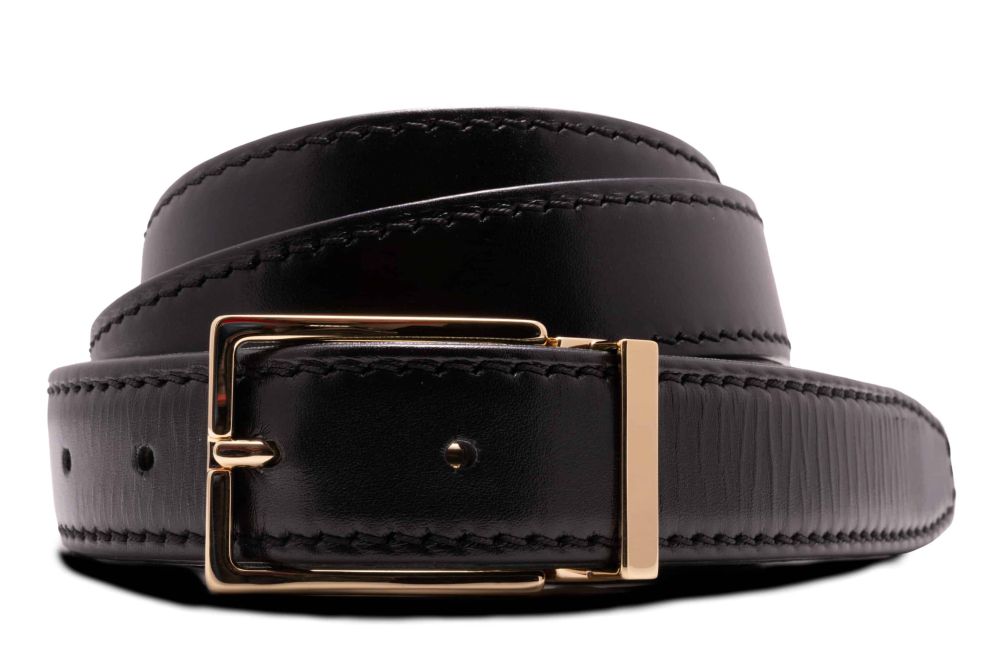 Black boxcalf leather belt Edward Gold Solid Brass Belt Buckle Exchangeable Rectangular 3.5cm with Gold Plating Hypoallergenic Nickel Free - Fort Belvedere