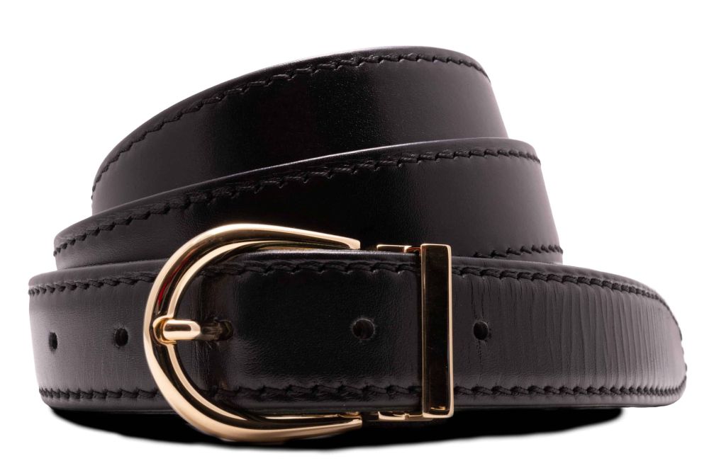 Black Calf Leather Belt Aniline Dyed Cut-To-Size - Folded Edges gold George solid brass buckle 3cm x 120cm - Fort Belvedere
