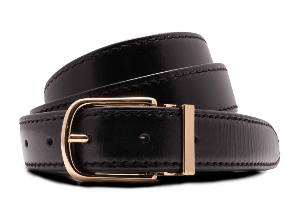 Black boxcalf leather belt with Jasper Gold Solid Brass Belt Buckle Rounded Rectangle Exchangeable with Gold Plating Hypoallergenic Nickel Free - Fort Belvedere