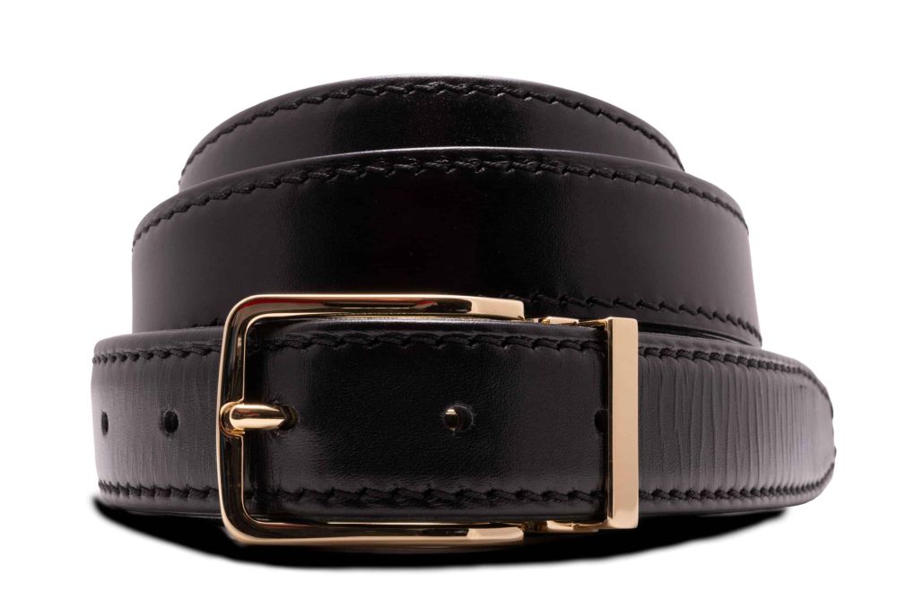 Black boxcalf leather belt Neville Gold Solid Brass Belt Buckle Soft Corner Rectangle with Gold Plating Hypoallergenic Nickel Free - Fort Belvedere