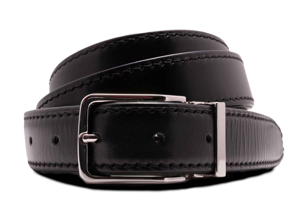 Black calf leather belt Neville Silver Solid Brass Belt Buckle Soft Corner Rectangle with Palladium Plating Hypoallergenic Nickel Free - Fort Belvedere