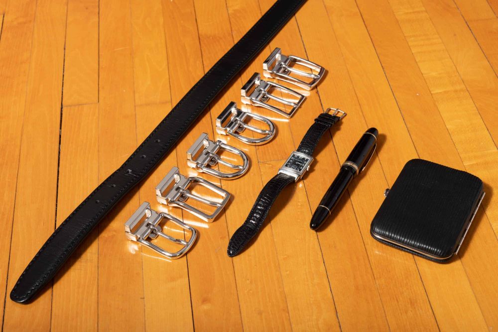 Black Calf Leather Belt with JLC Reverso, Montblanc Fountain pen, walle, double monks, business card case, and silver buckles