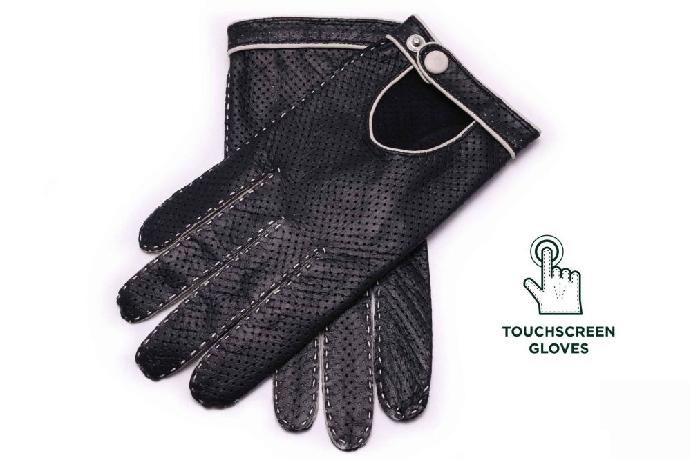 Black and Off-White Touchscreen Driving Gloves in Perforated Lamb Nappa Leather by Fort Belvedere
