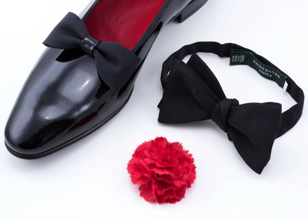 Black Bow TIe in Silk Barathea in fixed length and Red Carnation Boutonniere and Opera Pumps by Fort Belvedere