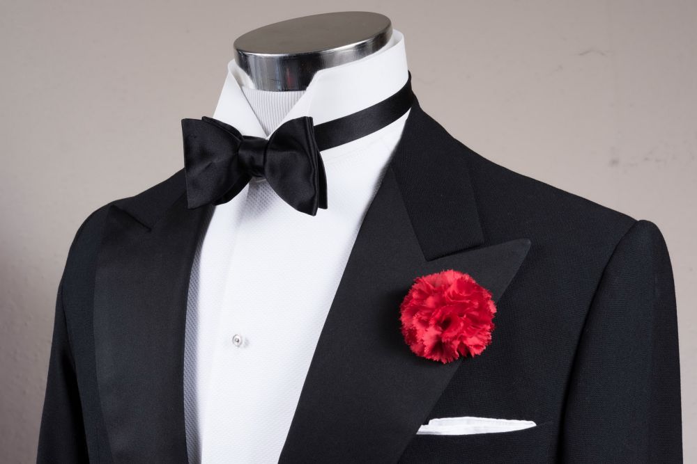 Black Bow Tie in Silk Satin Sized Butterfly Self Tie with Red Carnation Boutonniere and Classic White Irish Linen Pocket Square-original