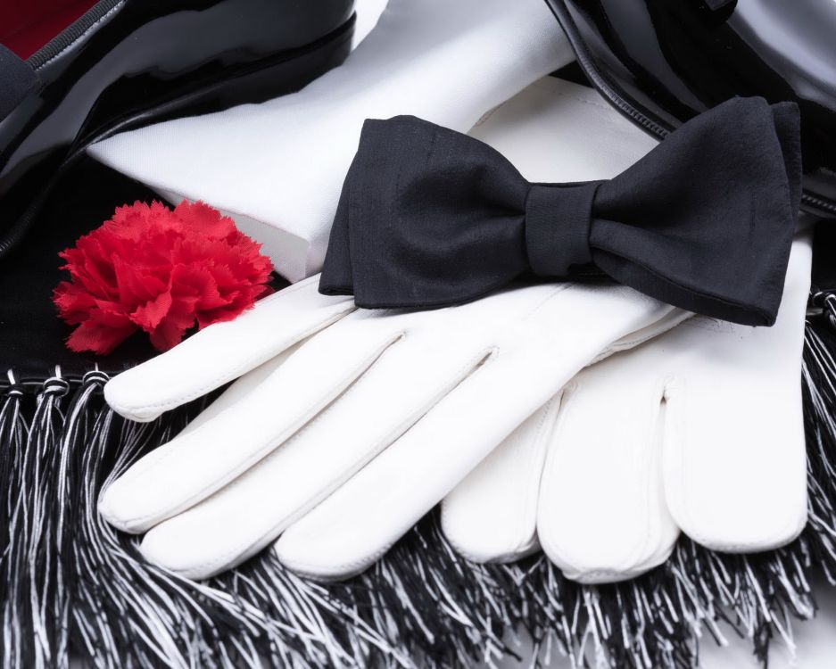 Evening Scarf in Black and White Silk Satin combined with White Gloves, Red Carnation Boutonniere and Black Bow Tie silk satin by Fort Belvedere