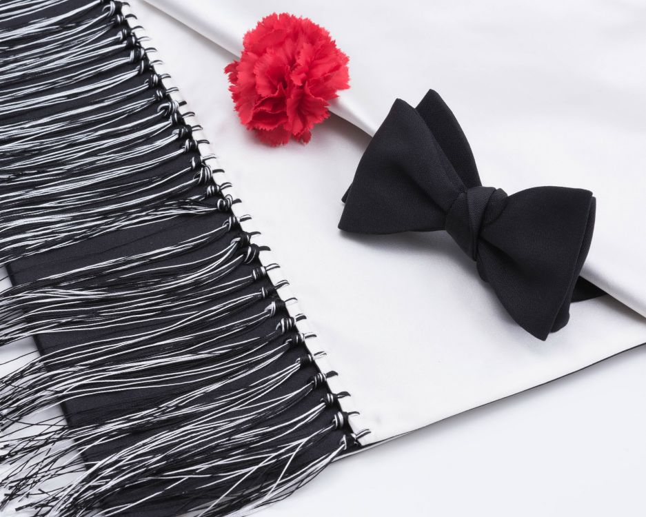 Black Bow Tie Sized in your collar size in Silk Barathea with Evening Scarf in Black & White Silk Satin and Red Carnation Boutonniere