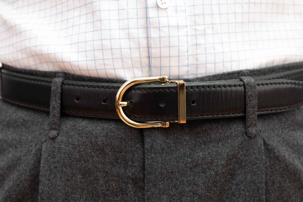 Black Calf Leather Belt Aniline Dyed Cut-To-Size - Folded Edges gold Alastair solid brass buckle 3cm x 120cm - Fort Belvedere