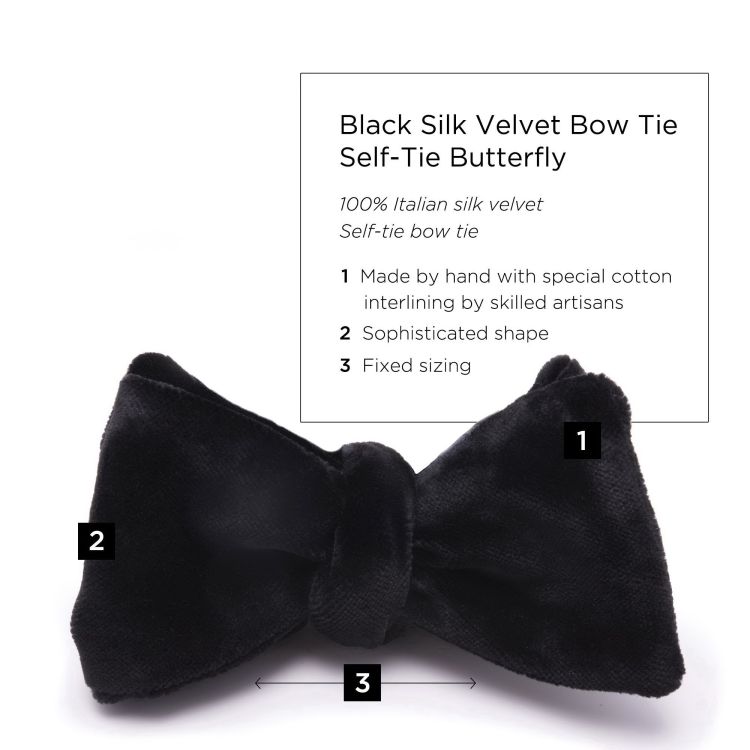 Black Silk Velvet Butterfly Bow Tie Self Tie Fixed Neck Size Handmade in England by Fort Belvedere