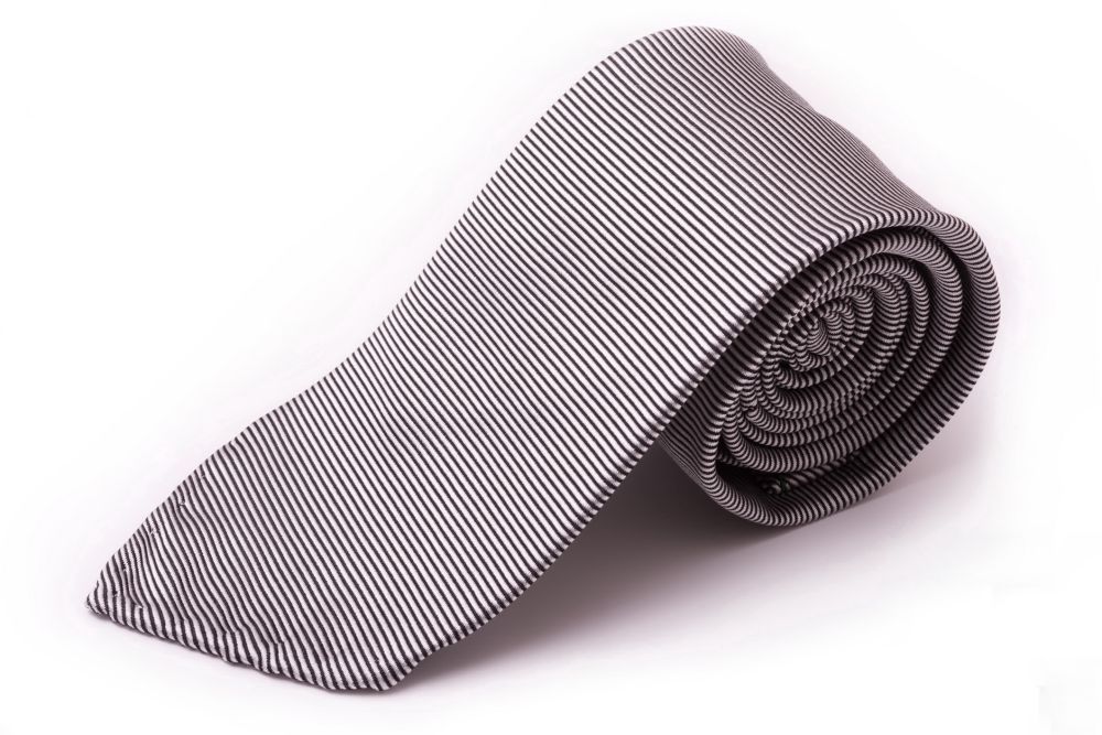Horizontally Striped Silk Tie in Silver and Black Twill - Fort Belvedere