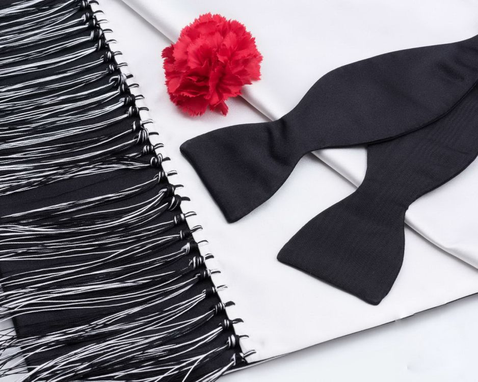 Black Single End Bow Ties in Silk Satin and Silk Moire with Evening Scarf in Black White Silk Satin and Red Carnation Boutonniere
